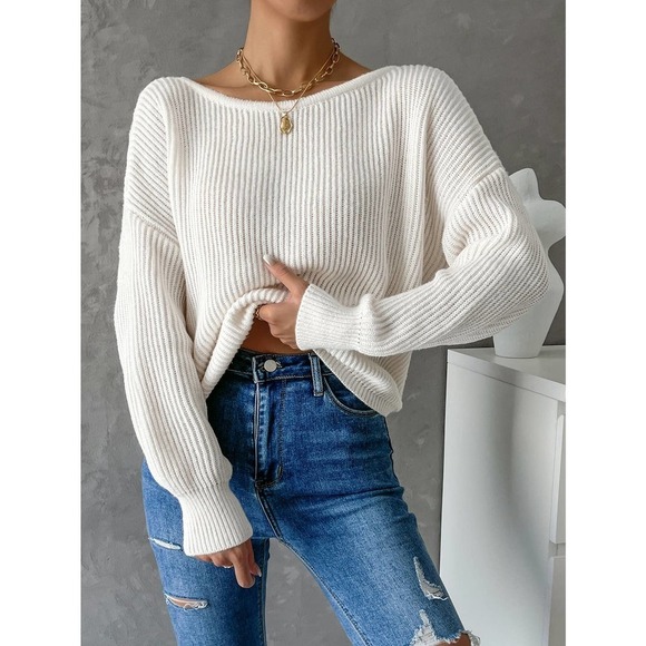 Minimalist Twist Back Drop Shoulder Boat Neck Sweater backless - Picture 4 of 11